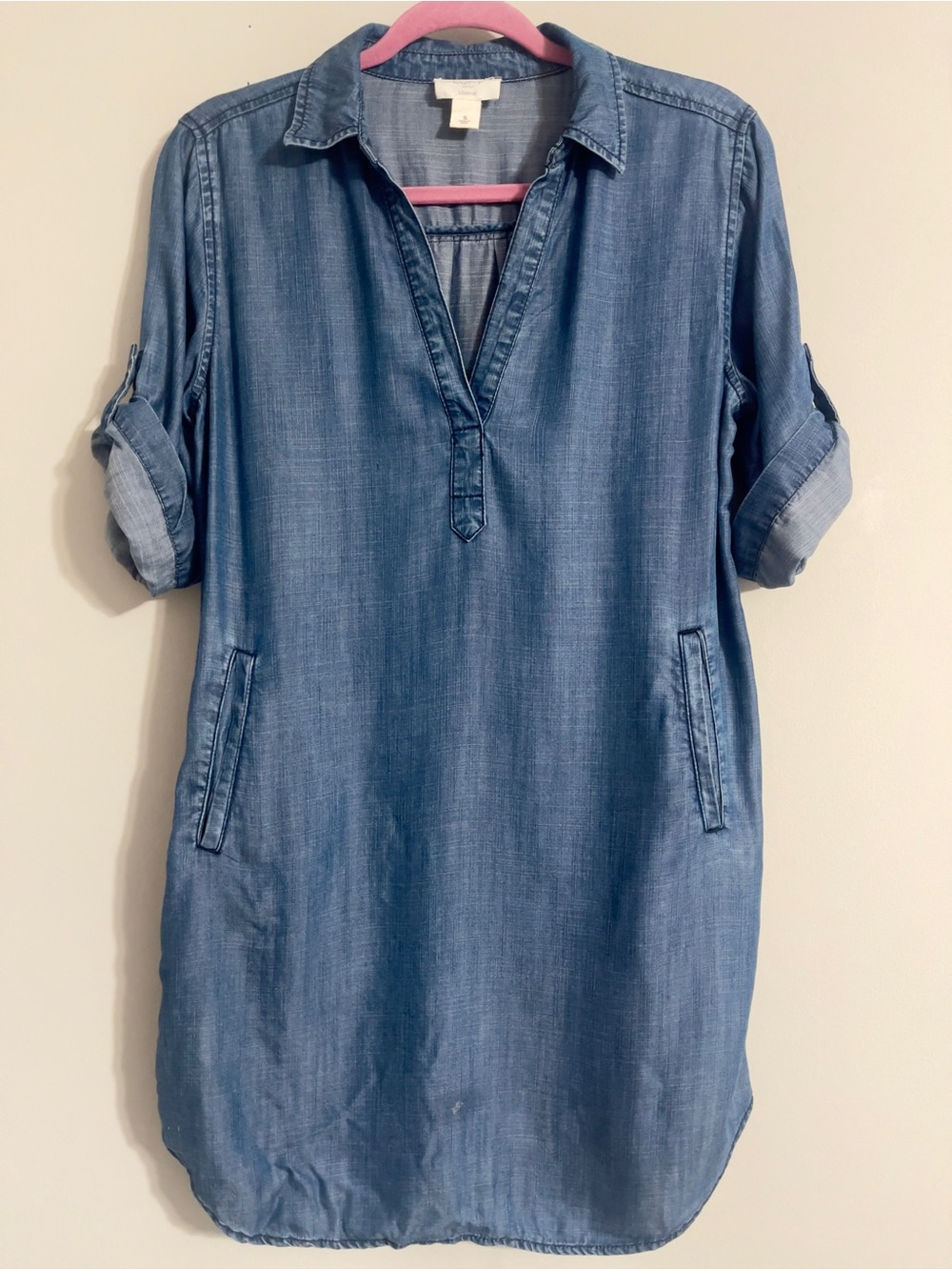 Ann Taylor LOFT Denim Chambray Shirt Dress Roll Tab Sleeves Pockets Casual Sz S